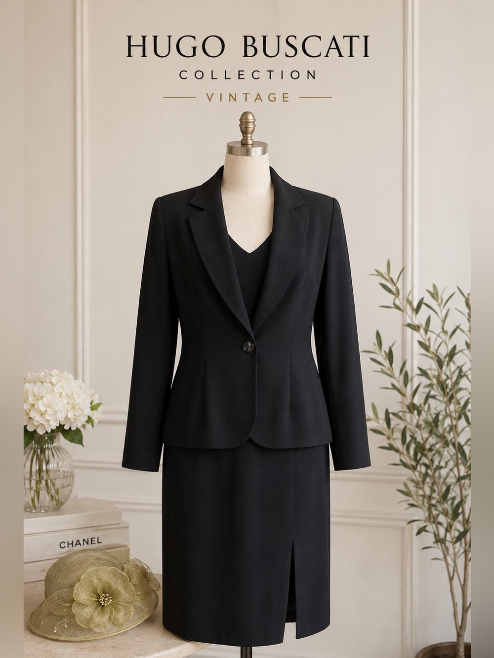 Vintage Hugo Buscati Collection Black 2 Piece Dress Suit Size 8P Petite USA Made